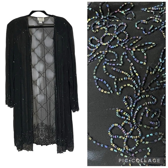 Vtg JMD New York Black Beaded Bling Sheer Longline Duster Goth Whimsigoth 2X - Picture 1 of 9